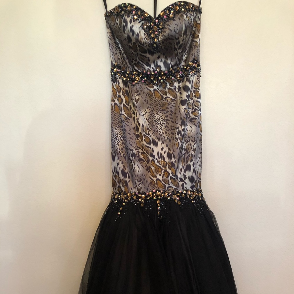 Strapless mermaid cheetah print prom dress